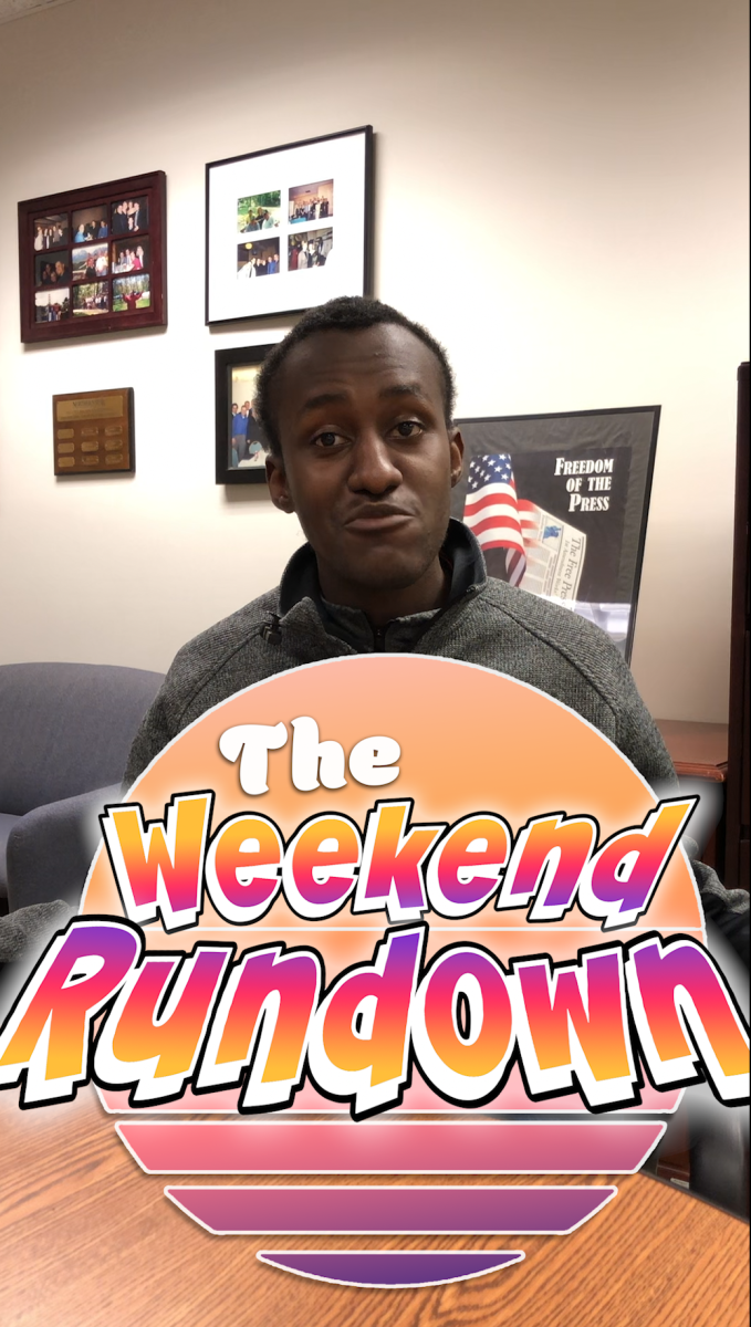 Jonathan Shelby sits behind the Weekend Rundown logo. This Weekend Writeup contains events such as the Spring Dance Concert, 72-hour Film Festival and more. (Jenny Javkhlantugs | Northern Star)